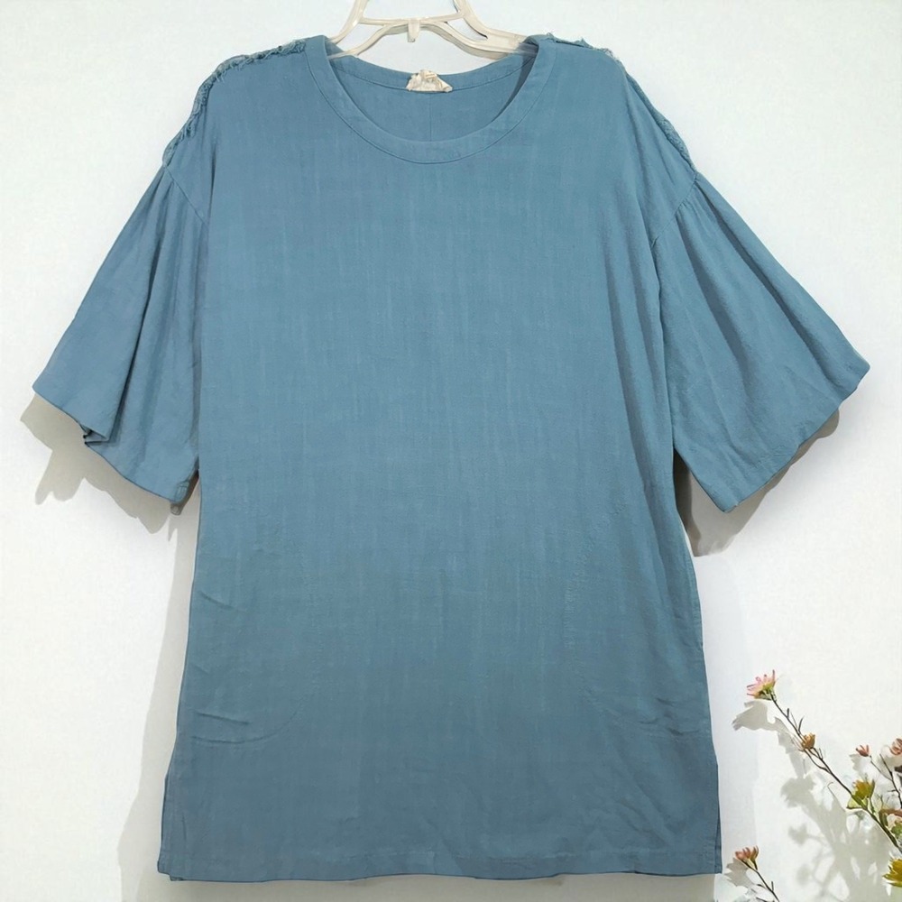 Before You S Blue Fringe Tunic Top Flutter Sleeve‎ Linen Blend Boho Beach Summer